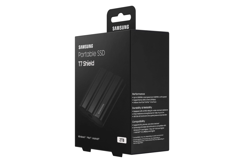 Samsung SSD extern T7 Shield 2TB R/W: 1000 MB/s / 1000 MB/s Protectie parola USB-C Black 