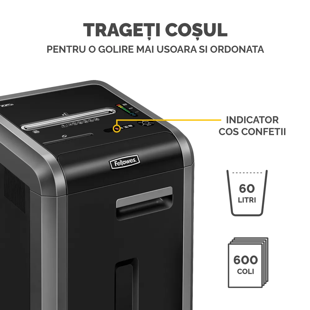 Fellowes Distrugator documente 225Ci, 22-24 coli, particule 4x38 mm, P-4, cos 60L 