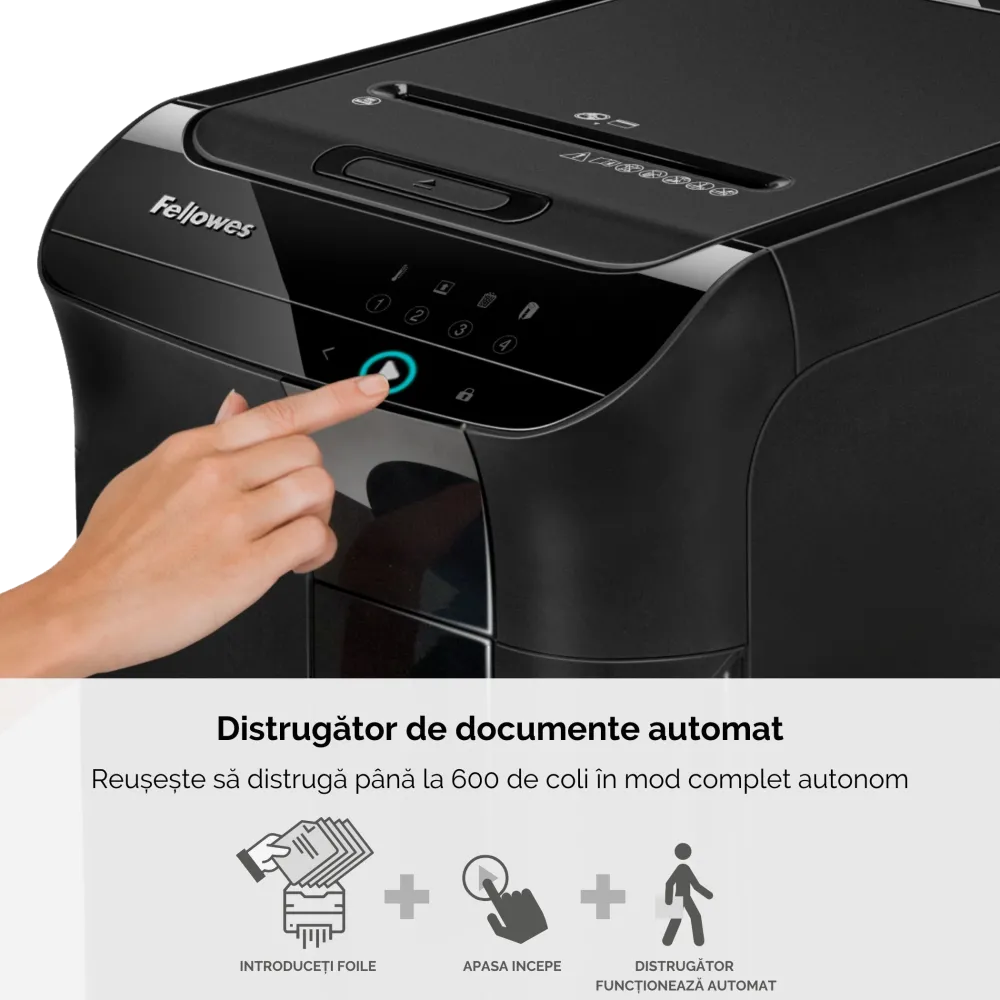 Fellowes Distrugator documente AutoMax 600M, ADF 600 coli, 14 coli manual, 2x12 mm, P-5, cos 83L 