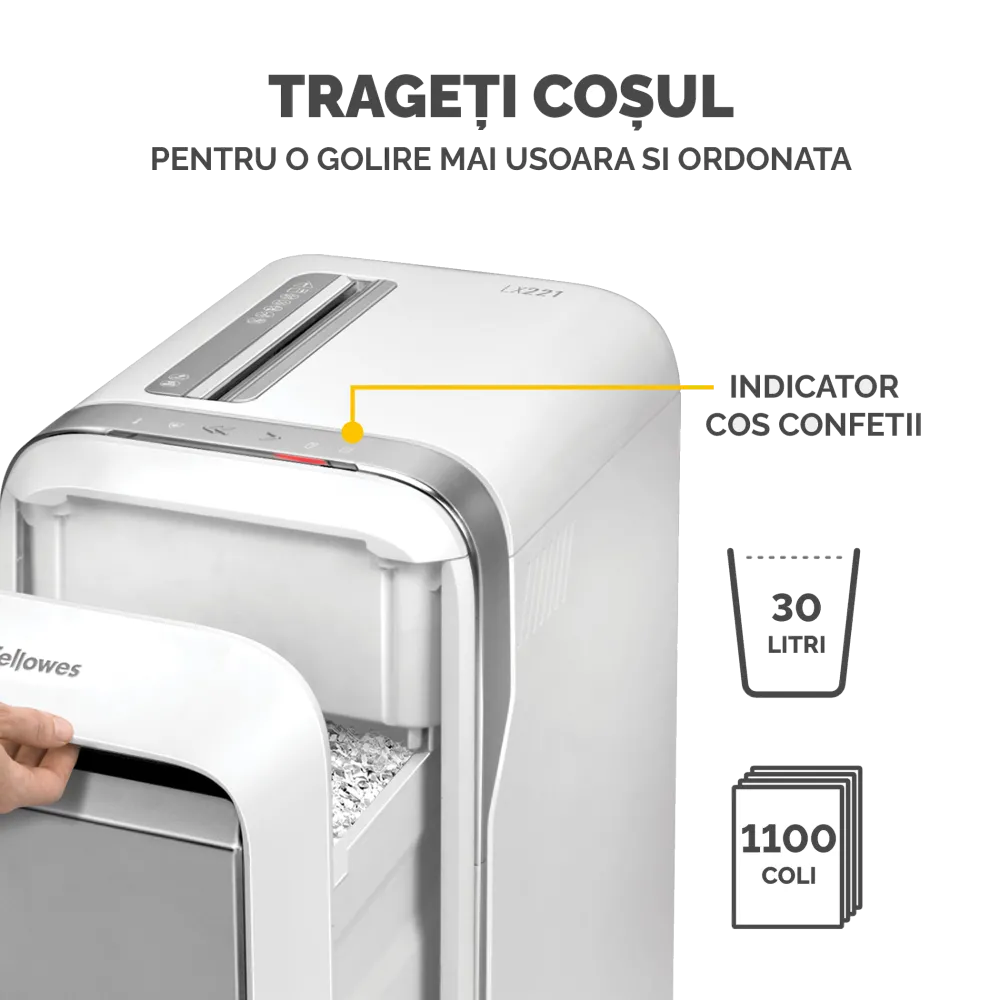 Fellowes Distrugator documente LX221 alb, 20 coli, microparticule 2x12 mm, P-5, cos 30L 