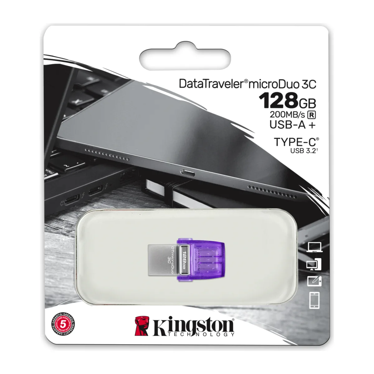 Kingston DataTraveler microDuo 3C, 128GB, USB 3.2 Gen1, USB-A/USB-C angle