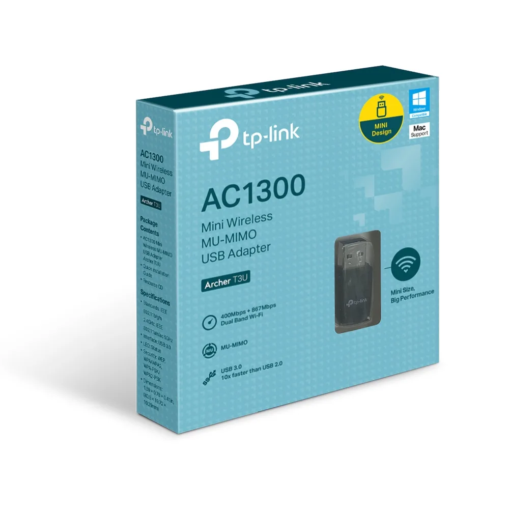 TP-Link ARCHER T3U adaptor wireless USB AC1300, extern wireless 2.4 GHz | 5 GHz, USB 3.0 angle