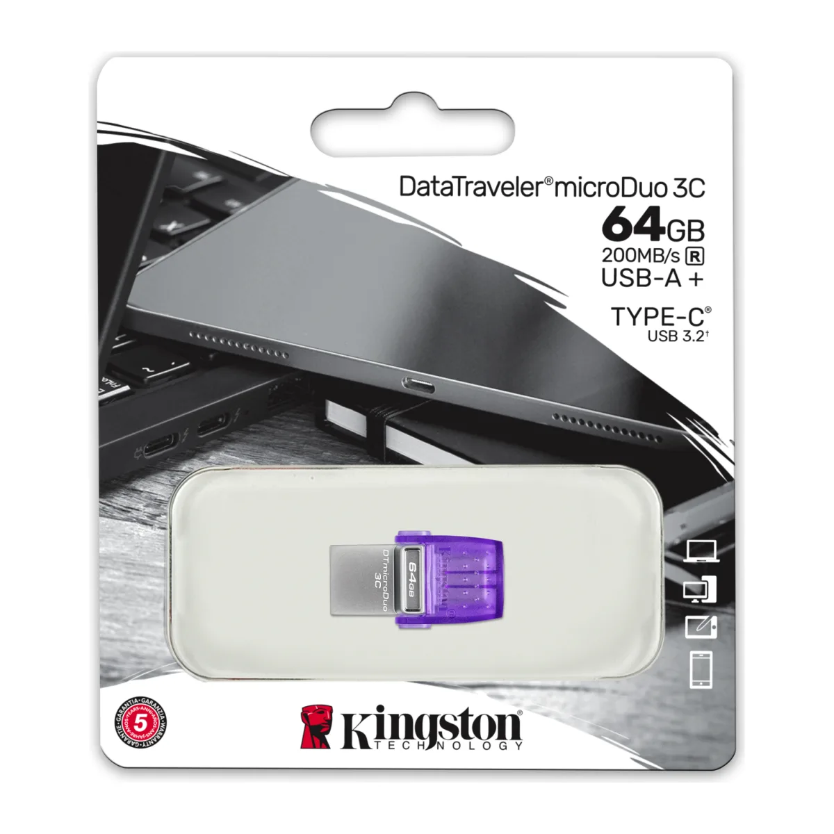 Kingston DataTraveler microDuo 3C, 64GB, USB 3.2 Gen1, USB-A/USB-C angle