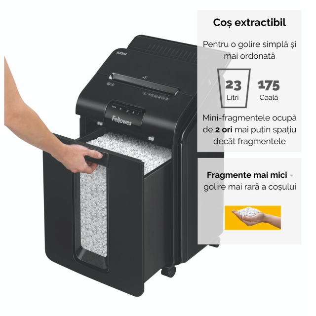 Fellowes Distrugator documente AutoMax 100M, ADF 100 coli, 10 coli manual, 4x10 mm, P-4, cos 23L 