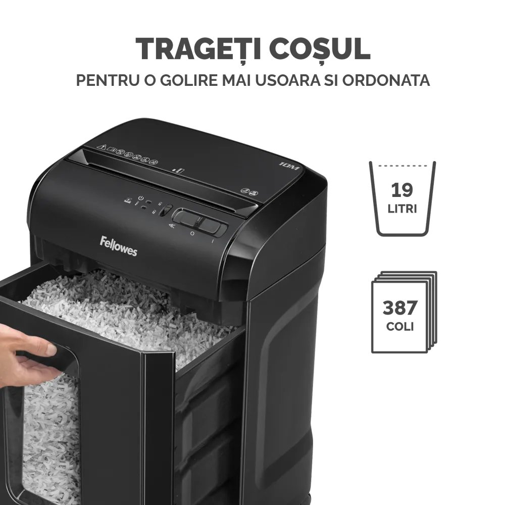 Fellowes Distrugator documente 10M, 10 coli, microparticule 2x12 mm, P-5, cos 19L 
