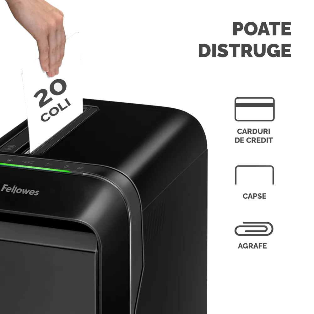 Fellowes Distrugator documente LX221 negru, 20 coli, microparticule 2x12 mm, P-5, cos 30L lifestyle