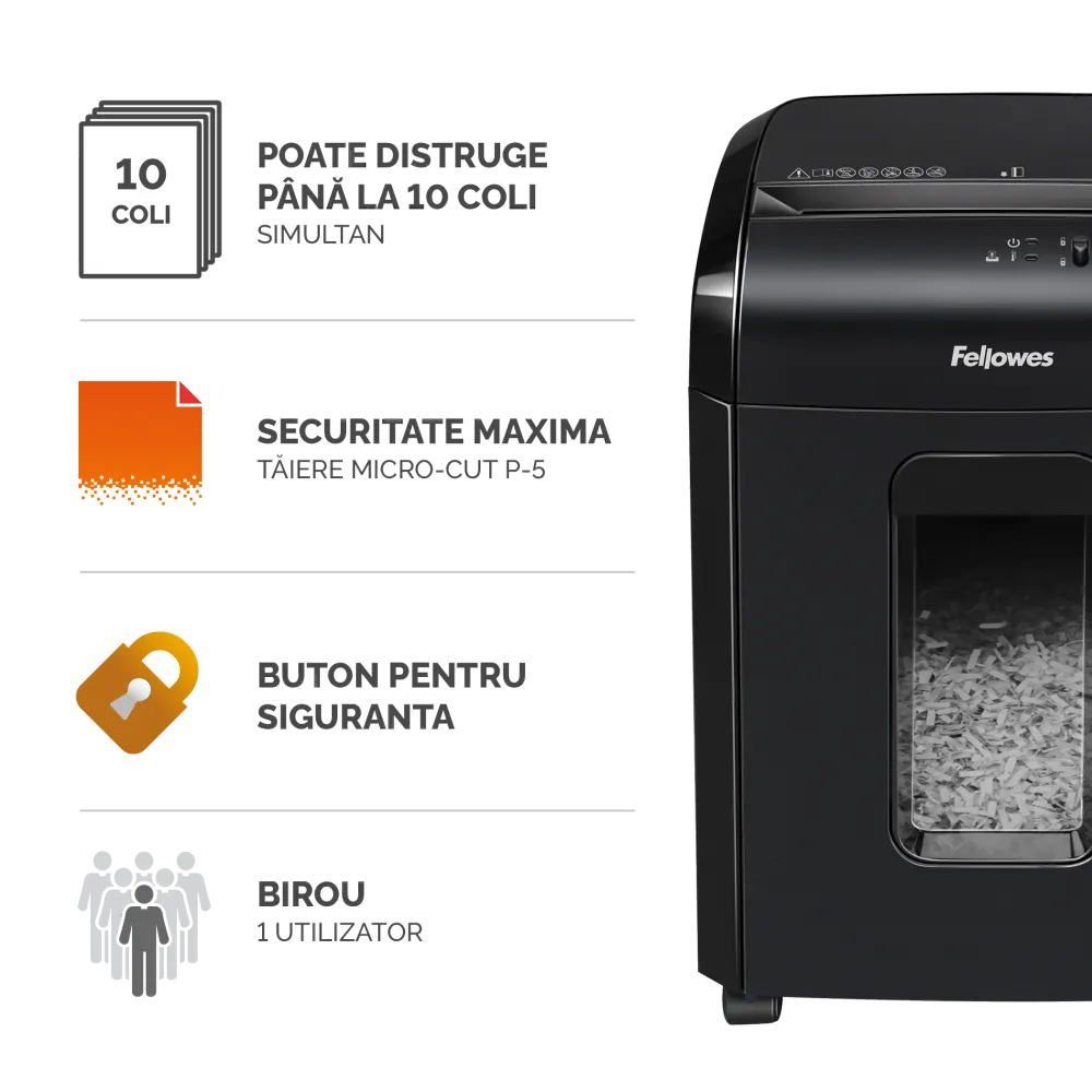 Fellowes Distrugator documente 10M, 10 coli, microparticule 2x12 mm, P-5, cos 19L 