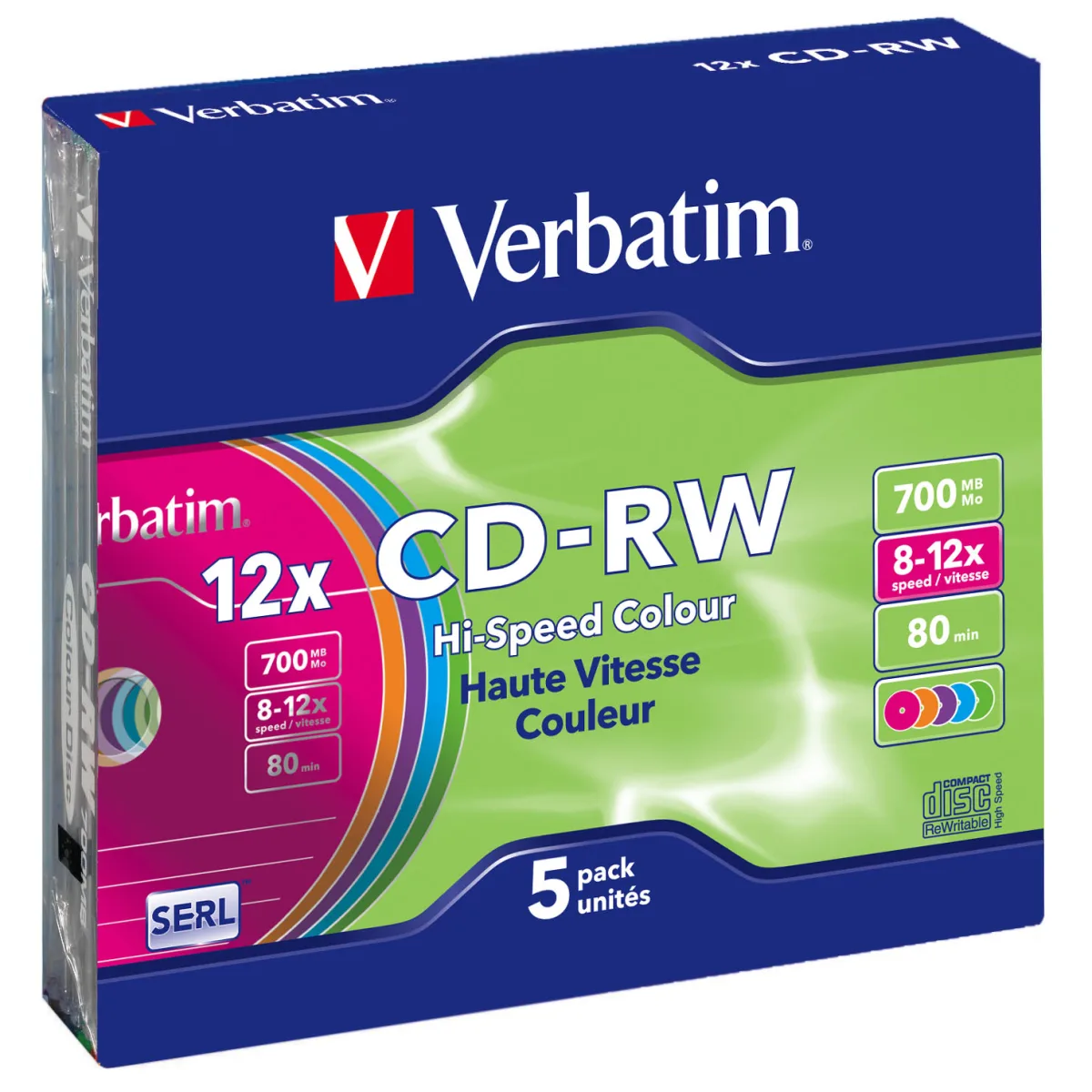 Verbatim Set 5 buc, CD-RW 8-12x 700MB, 80min, colorate, DataLifePlus, SLIM CASE, Hi-Speed angle