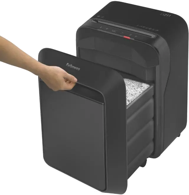 Fellowes Distrugator documente LX211 negru, 15 coli, microparticule 2x12 mm, P-5, cos 23L 
