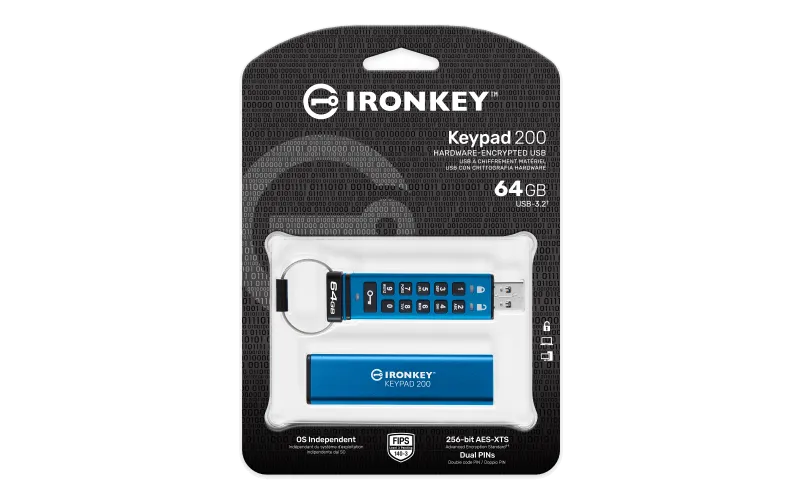 Kingston IronKey Keypad 200, USB-A Flash Drive 64GB, AES-256 Encrypted 