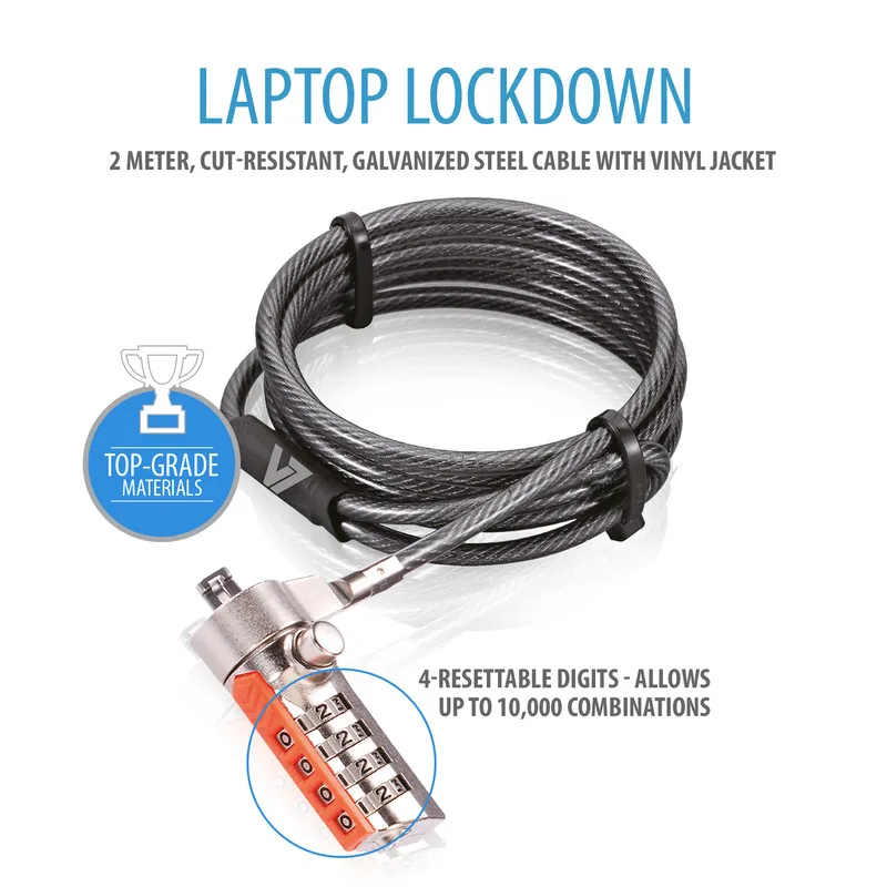 V7 Cablu securitate pentru notebook, sistem de inchidere cu cifru, 2m